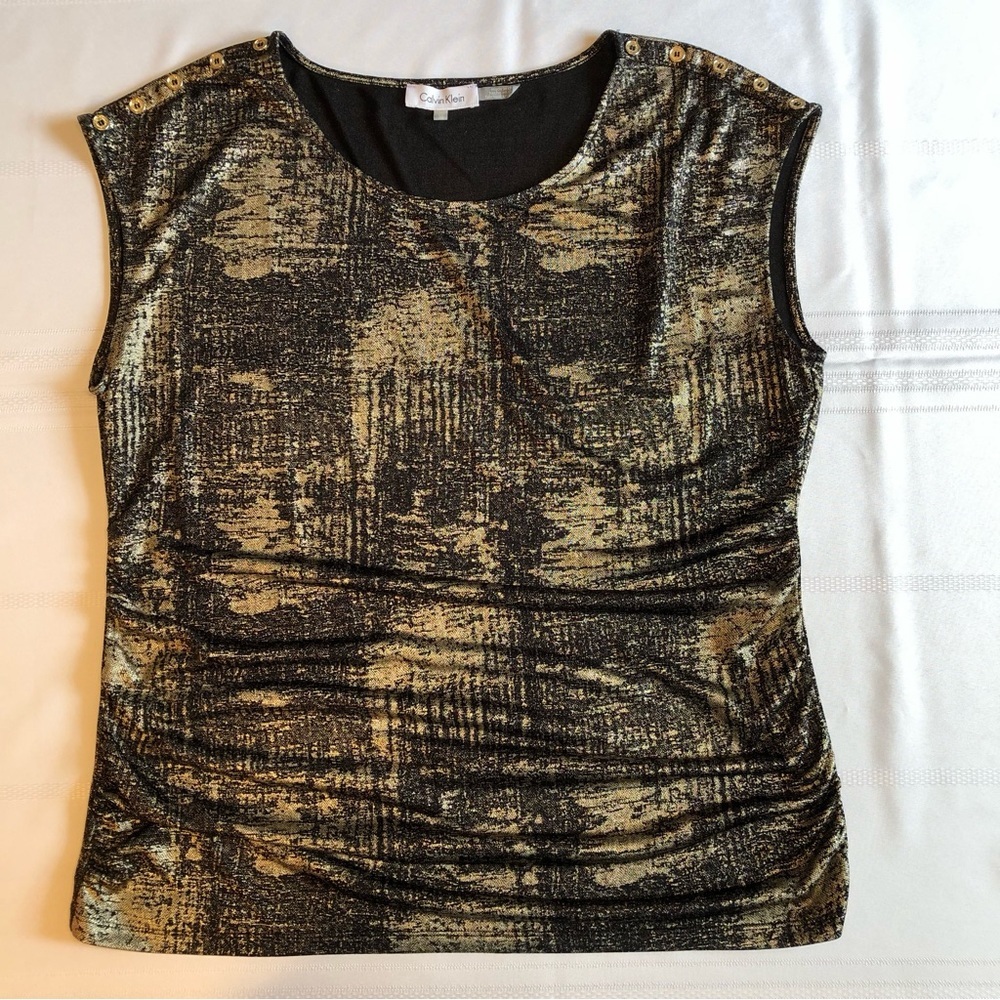 Calvin Klein Gold & Black Graphic Cap Sleeve Blouse with Side Ruche Size XL - Picture 3 of 9